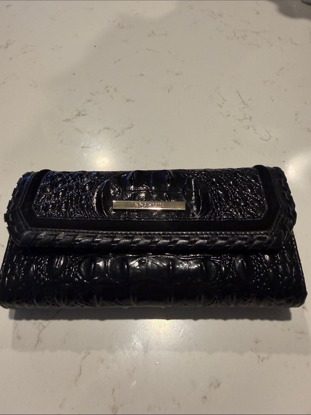 Brahmin Black Melbourne Croc-Embossed Leather Tri Fold  Wallet